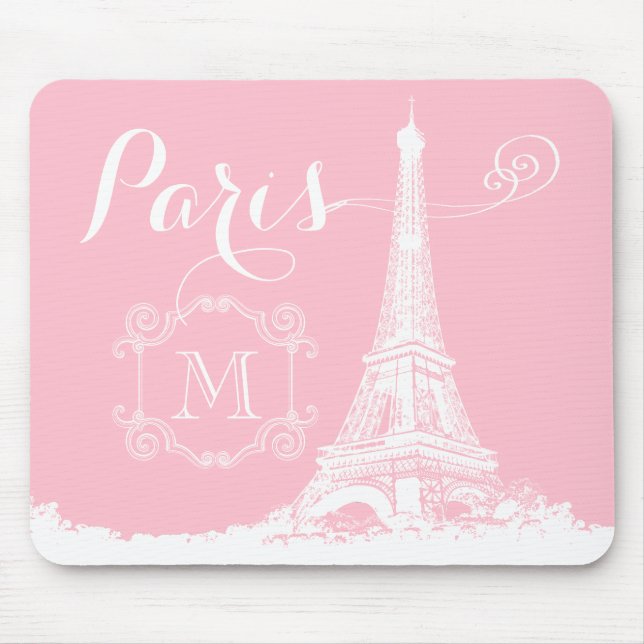 Monogrammed rosa vit för Paris Eiffel torn Musmatta (Framsidan)