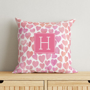 Monogrammed rosa Watercolor Hearts Kudde