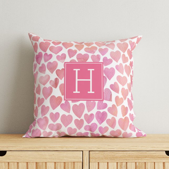Monogrammed rosa Watercolor Hearts Kudde (Skapare uppladdad)