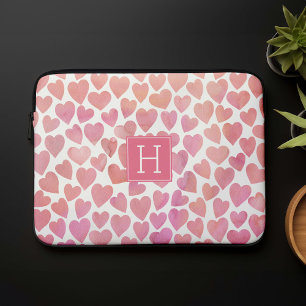 Monogrammed rosa Watercolor Hearts Laptop Fodral