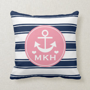 Monogrammed rosor och marinblått ankrar kudde