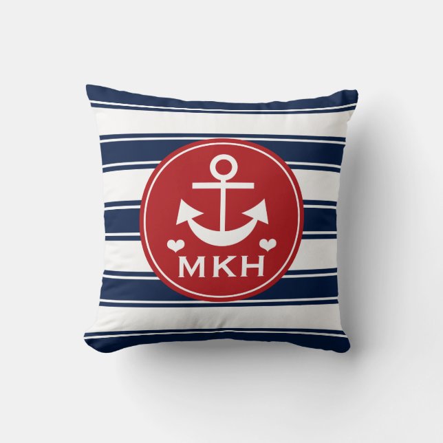 Monogrammed rött och marinblått ankrar kudde (Framsida)