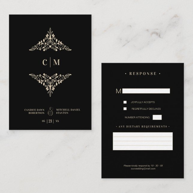 Monogrammed RSVP Gold Wedding Initials Flourish Tilläggskort (Fram/baksida)