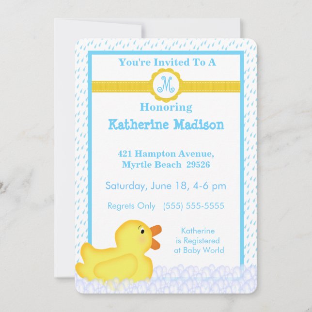Monogrammed Rubber Ducky Baby Shower-inbjudan Inbjudningar (Framsida)