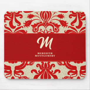 Monogrammed Ruby Red Damask Swirls Musmatta