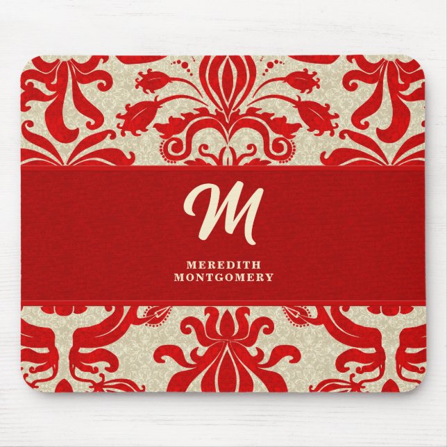 Monogrammed Ruby Red Damask Swirls Musmatta (Framsidan)