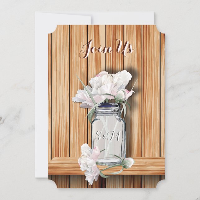 Monogrammed Rustic Mason Burk och Rosa Peonies Inbjudningar (Framsida)