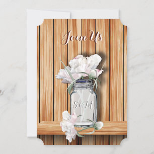 Monogrammed Rustic Mason Burk och Rosa Peonies Inbjudningar