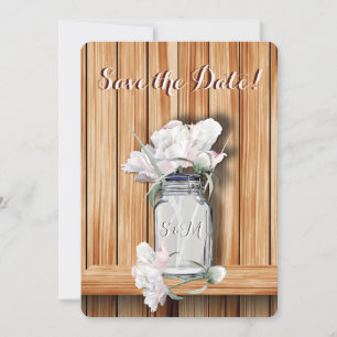 Monogrammed Rustic Mason Burk och Rosa Peonies Spara Datumet