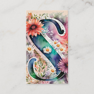 Monogrammed S Daisy Blommigt Watercolor QR Code Lo Visitkort