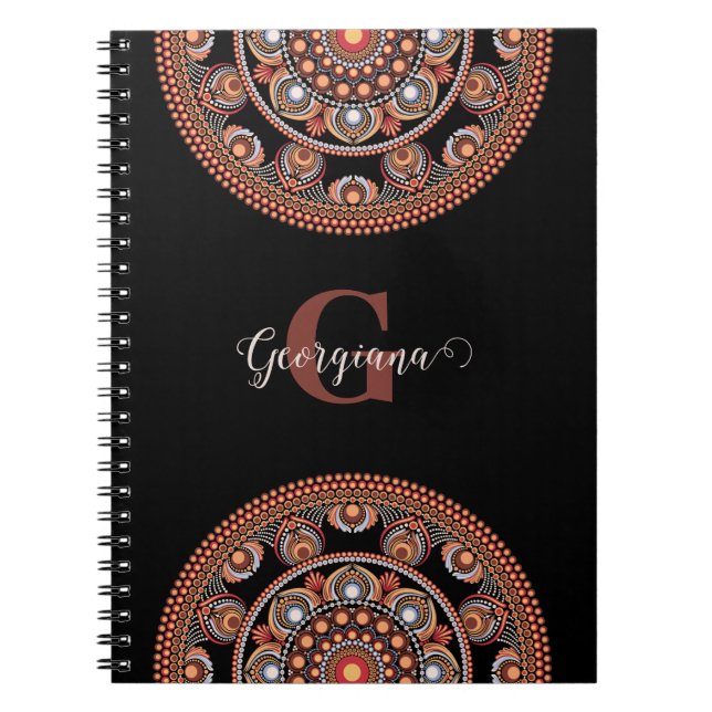 Monogrammed Safari Sunset Bohemian Dot Mandala Anteckningsbok (Framsidan)