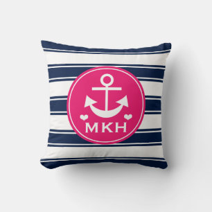 Monogrammed shock rosa och marinblått ankrar kudde