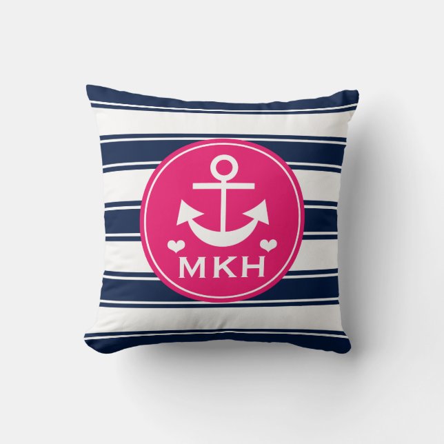 Monogrammed shock rosa och marinblått ankrar kudde (Framsida)