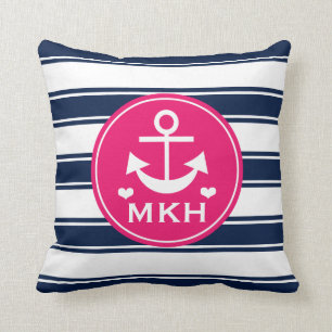 Monogrammed shock rosa och marinblått ankrar kudde