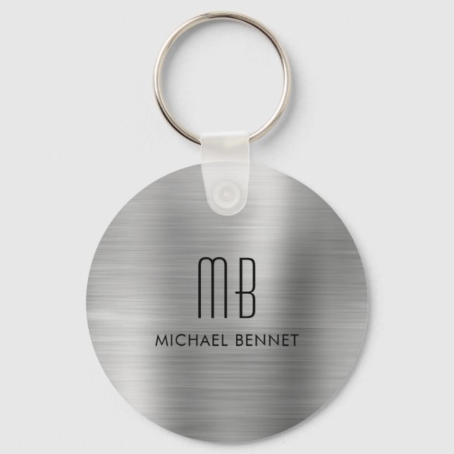 Monogrammed Silver Faux Brushed Metall Nyckelring (Framsida)