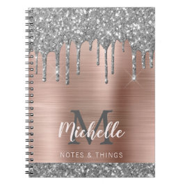 Monogrammed Silver Grått Glitter Drives Rosa Metal Anteckningsbok