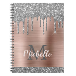 Monogrammed Silver Grått Glitter Drives Rosa Metal Anteckningsbok