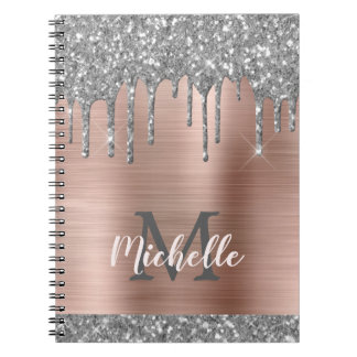 Monogrammed Silver Grått Glitter Drives Rosa Metal Anteckningsbok