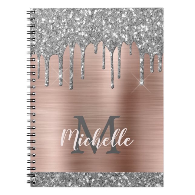 Monogrammed Silver Grått Glitter Drives Rosa Metal Anteckningsbok (Framsidan)