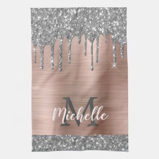 Monogrammed Silver Grått Glitter Drives Rosa Metal Kökshandduk