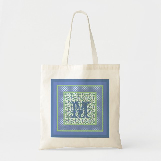Monogrammed Snowdrops och polka dots blått, grönt Tygkasse (Framsidan)