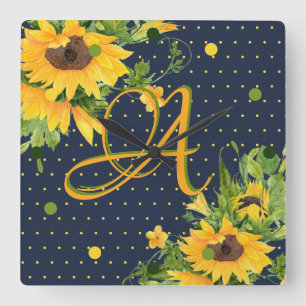 Monogrammed Solblommor Blå Gult Decor Fyrkantig Klocka