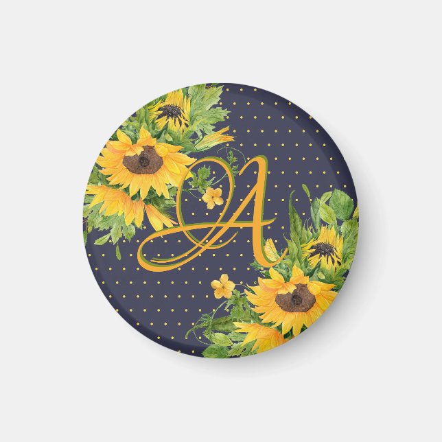 Monogrammed Solblommor Blå Gult Decor Magnet (Framsidan)