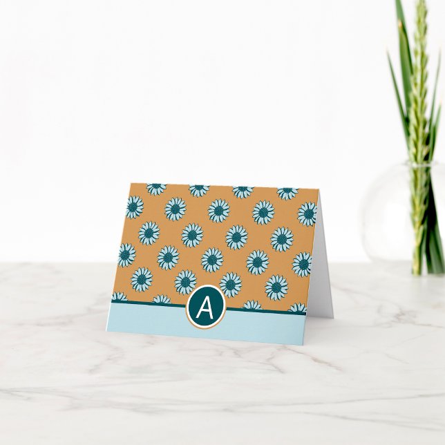 Monogrammed Solblommor Blue-Blommigt Anteckningskort (Monogrammed Blue Sunflower Flowers Note Card from Studio Posies. )