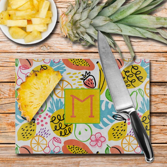 Monogrammed sommarfrukt Mönster (Hand Painted Summer Fruit Pattern Monogrammed Glass Cutting Board)