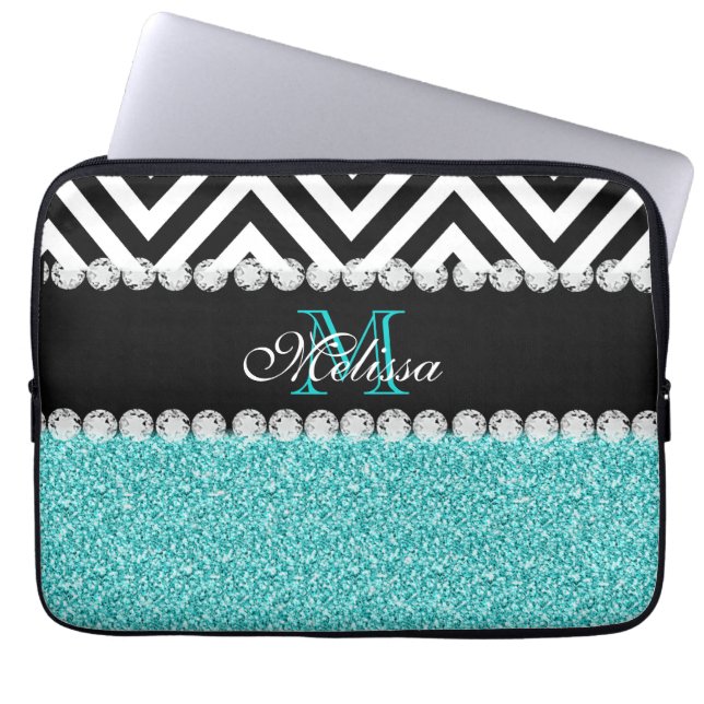 MONOGRAMMED SPARRE FÖR AQUAGLITTERSVART LAPTOP SLEEVE (Framsidan)