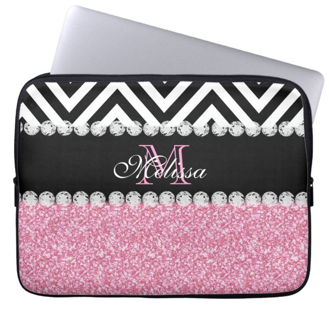 MONOGRAMMED SPARRE FÖR ROSAGLITTERSVART LAPTOP SLEEVE (Framsidan)
