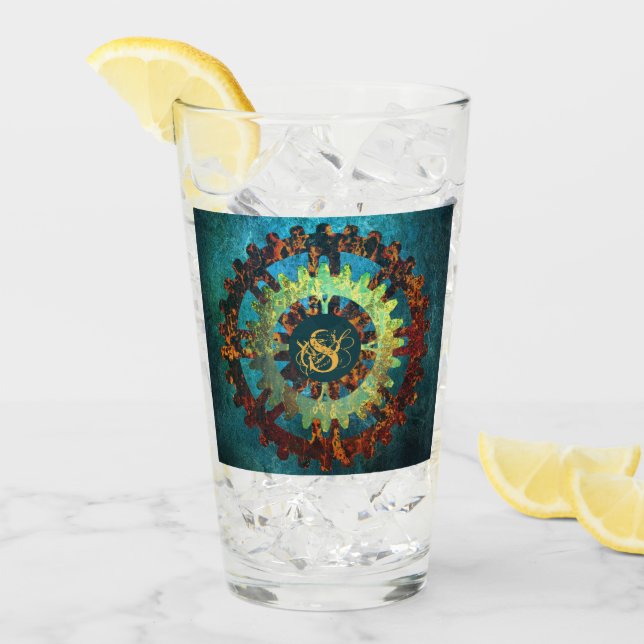 Monogrammed Steampunk Verdigris Rusty CogWheel Glaskopp (Framsida Ice)