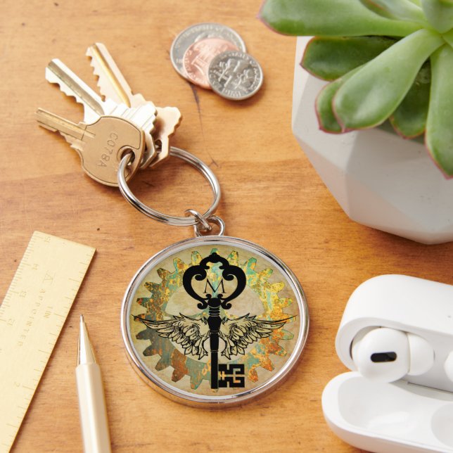 Monogrammed Steampunk Winged Nyckel Rusty CogWheel Rund Silverfärgad Nyckelring (Skrivbord)