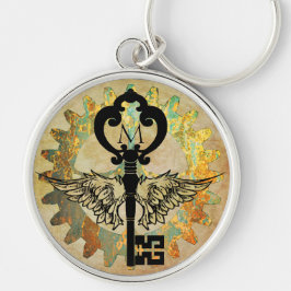 Monogrammed Steampunk Winged Nyckel Rusty CogWheel Rund Silverfärgad Nyckelring