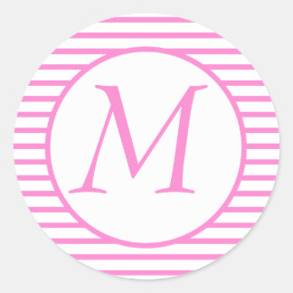 Monogrammed Sticker med rosa stripe Runt Klistermärke