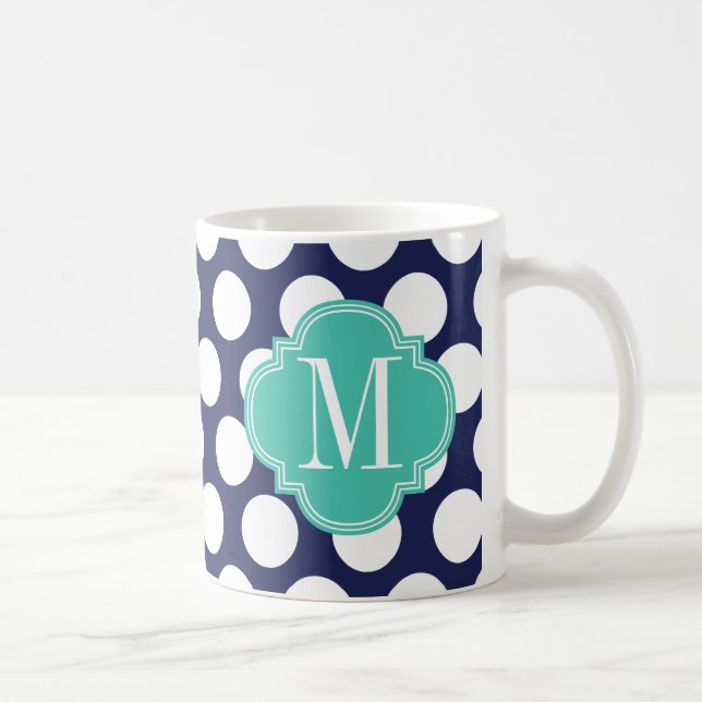Monogrammed stor polka dots för marin & för turkos kaffemugg (Höger)