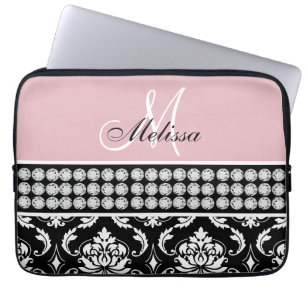 Monogrammed svart damast rosa utskrivavna laptop fodral