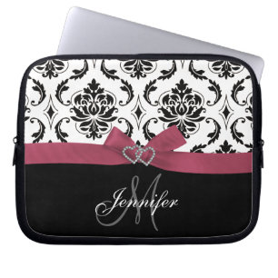 Monogrammed svart damastast hjärtor för laptop fodral