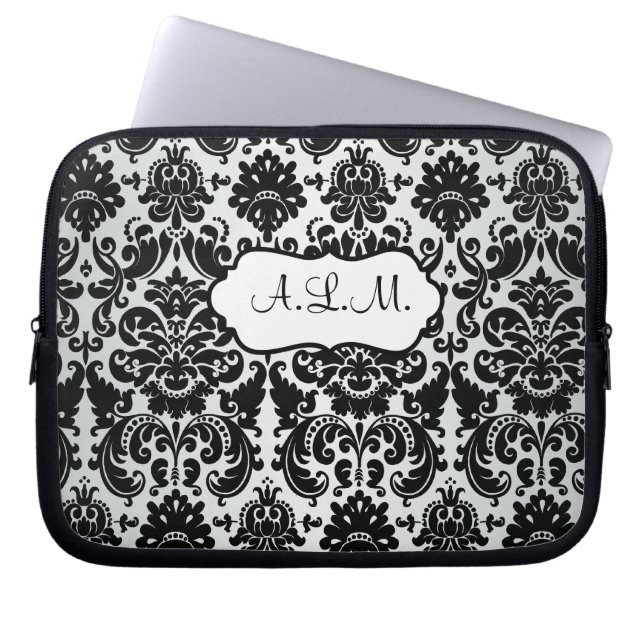 Monogrammed svart, grå damastast laptop sleeve (Framsidan)