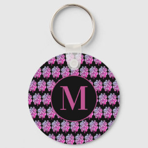 Monogrammed svart och rosor fyra lövklöver nyckelring