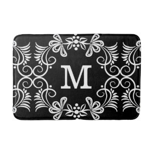 Monogrammed svartvit blommönster badrumsmatta