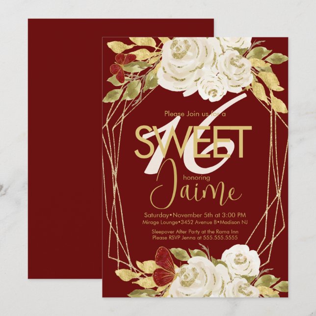 Monogrammed Sweet 16 Ivory Blommigt Vin Inbjudningar (Fram/baksida)