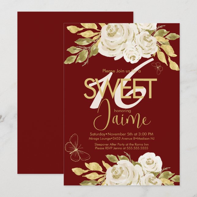 Monogrammed Sweet 16 Ivory Ro Rosa Blommigt Vin Inbjudningar (Fram/baksida)