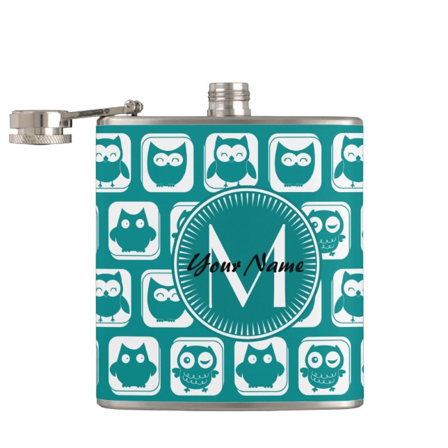 Monogrammed Teal and White Uggla Fickplunta (Öppnad)