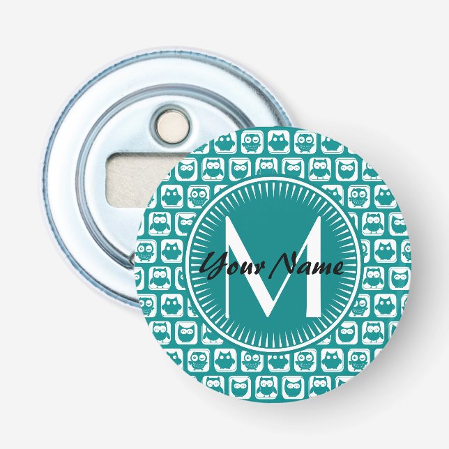 Monogrammed Teal and White Uggla Flasköppnare (Framsidan)