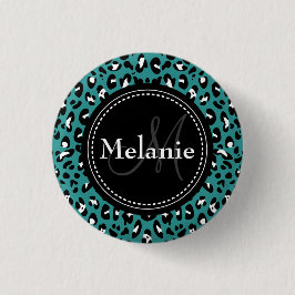 Monogrammed Teal Black White Leopard Mönster Knapp