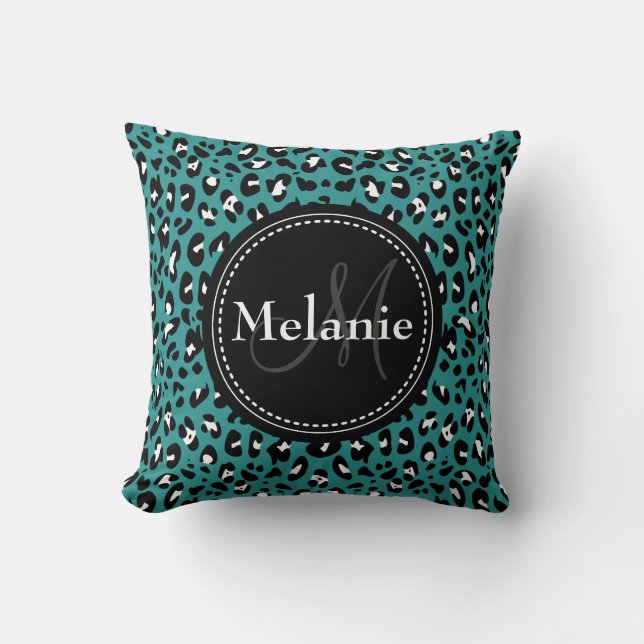 Monogrammed Teal Black White Leopard Mönster Kudde (Framsida)
