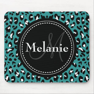 Monogrammed Teal Black White Leopard Mönster Musmatta