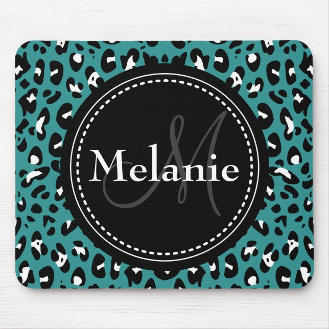 Monogrammed Teal Black White Leopard Mönster Musmatta (Framsidan)