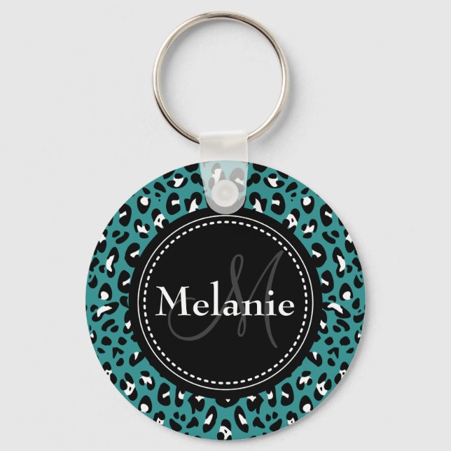 Monogrammed Teal Black White Leopard Mönster Nyckelring (Framsida)